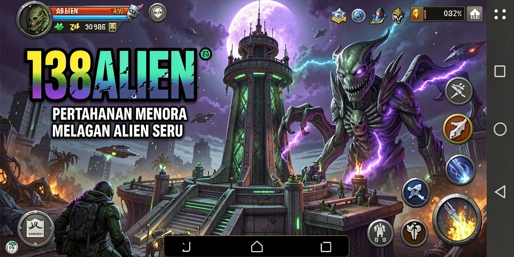 Tampilan gameplay 138ALIEN dengan menara dan alien menyerang.