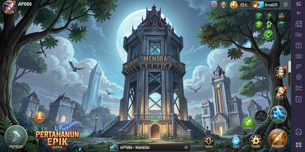 Tampilan gameplay menarik dari AP686 dengan menara yang strategis.
