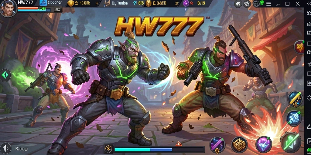 Tampilan gameplay seru dari HW777 dengan karakter MOBA yang dinamis.