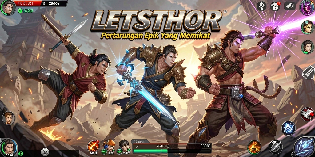Screenshot gameplay LETSTHOR menampilkan pertarungan seru dan karakter dinamis.
