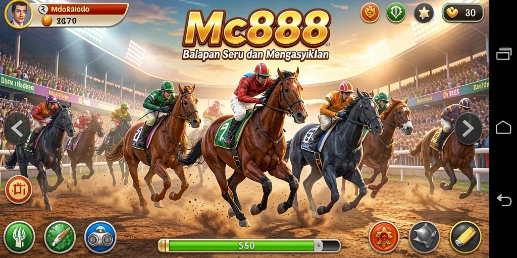 Screenshot utama MC888 menampilkan aksi balapan yang mendebarkan.