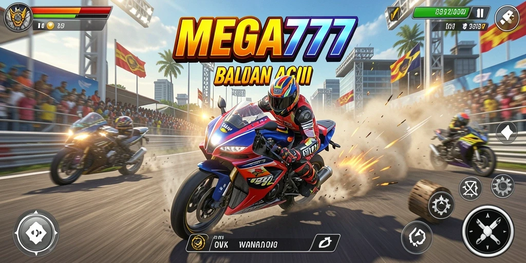 Tampilan menakjubkan dari gameplay MEGA777 saat balapan motor.