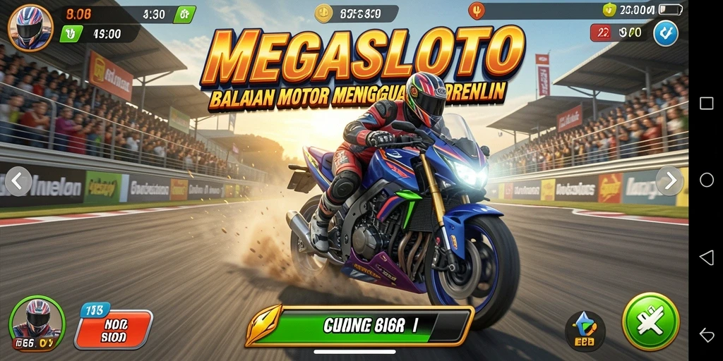 Screenshot gameplay MEGASLOTO dengan aksi balapan yang intens.