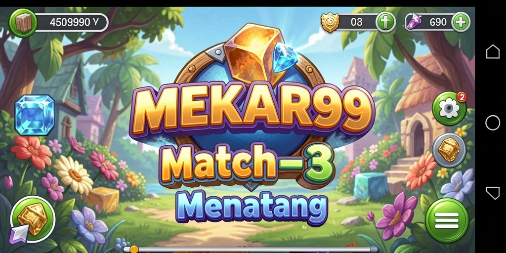 Tampilan screenshot utama MEKAR99 menunjukkan keseruan gameplay Match-3.
