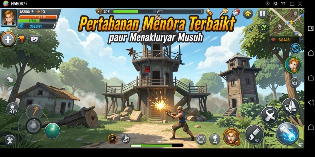 Screenshot gameplay NABOB77 menunjukkan menara mempertahankan dari serangan musuh.