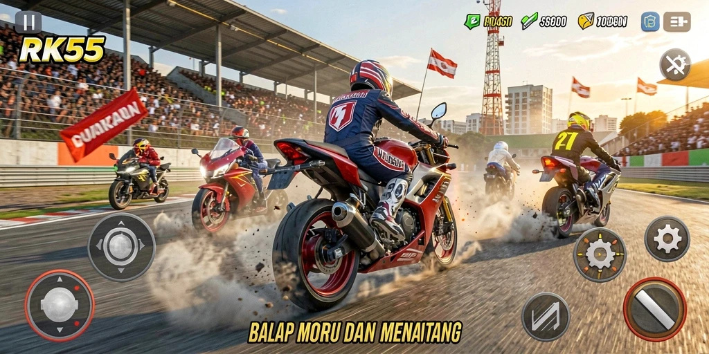 Screenshot gameplay RK55 saat balapan motor penuh aksi.