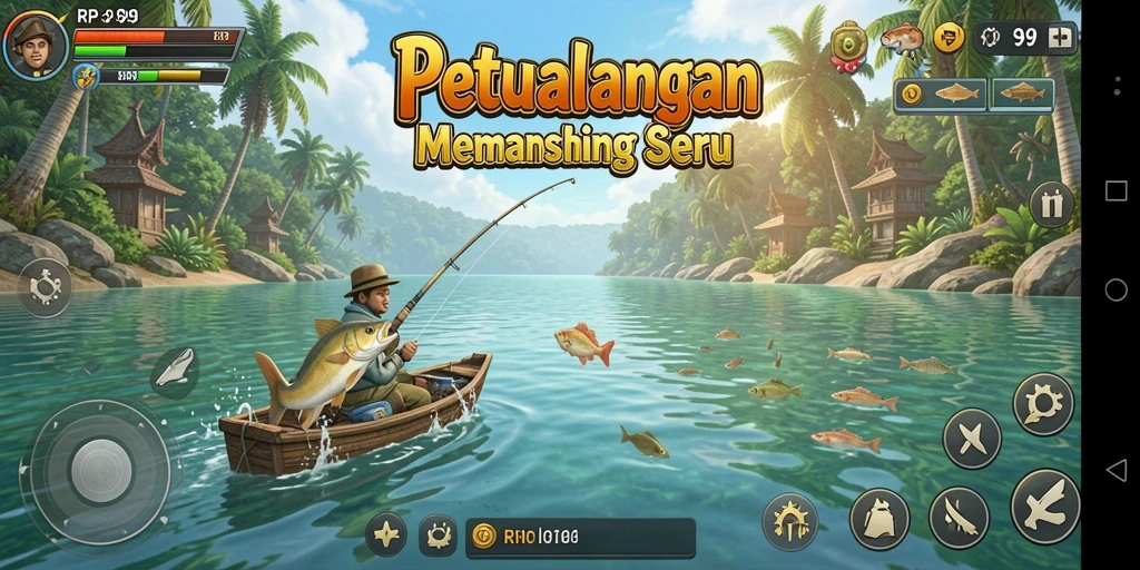 Tampilan gameplay RP99 yang menarik saat memancing di danau.