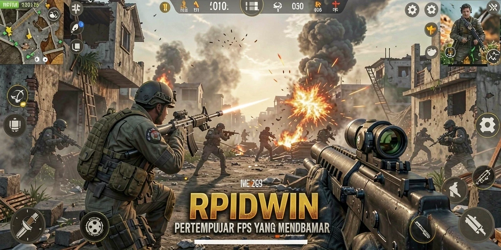 Screenshot RPIDWIN menunjukkan aksi pertempuran FPS yang mendebarkan.
