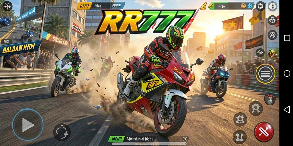 Tampilan gameplay balapan motor yang menegangkan di RR777.