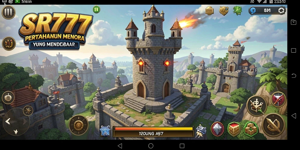 Tangkapan layar gameplay SR777 menampilkan aksi pertahanan menara yang seru.