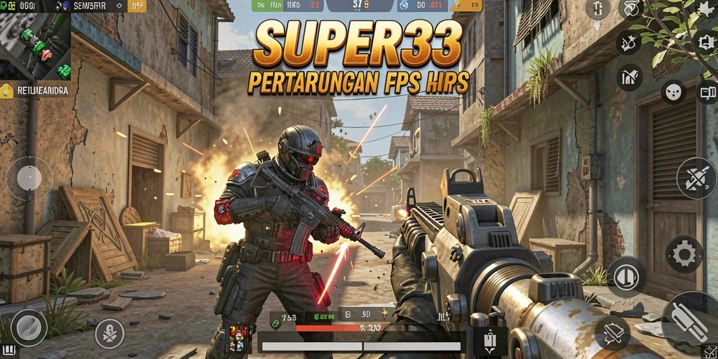 Tampilan gameplay SUPER33 menampilkan pertempuran seru dan strategi mendebarkan.