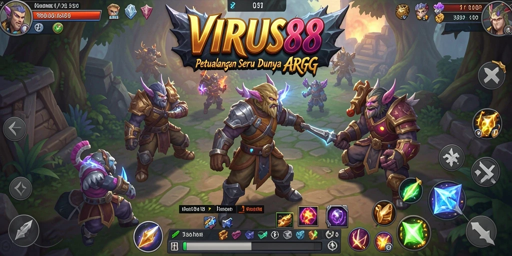 Screenshot gameplay VIRUS88 menampilkan pertarungan seru dengan karakter dan monster.