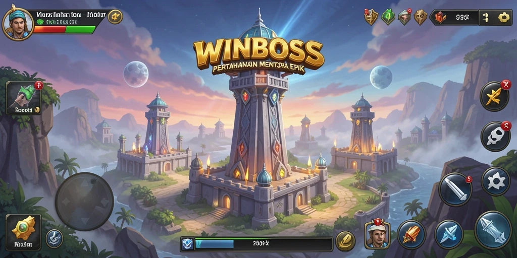 Tampilan gameplay seru di WINBOSS, menara siap menghadapi serangan.
